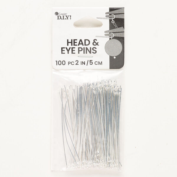 Head pin and eye pin mix, steel, pkg/100, silver finish, 2 inches, 22 gauge. image number 0