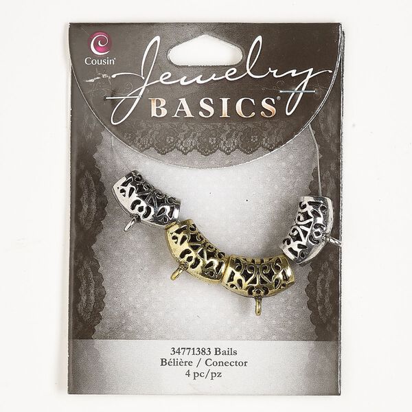 Bead, antique silver- and antique gold-finished "pewter" (zinc-based alloy), 19x12mm round tube with cutout design. Sold per pkg of 4. image number 0