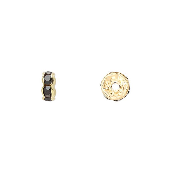 Bead, glass rhinestone and gold-finished brass, black, 7x3.5mm rondelle. Sold per pkg of 10. image number 0