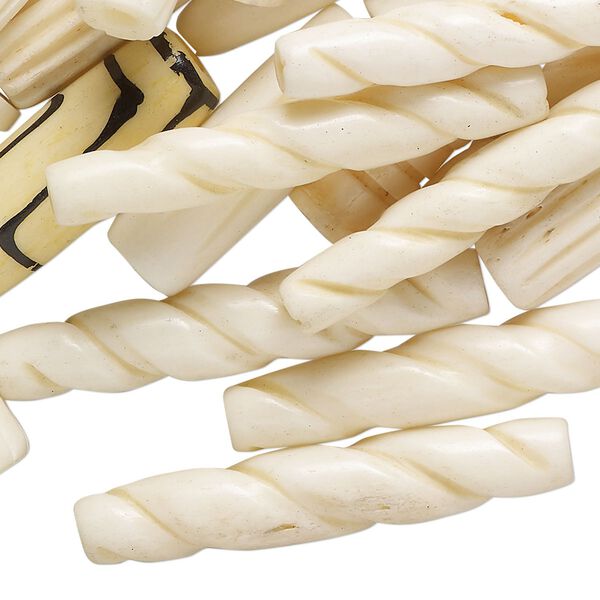Bead mix, bone (bleached), off-white, 12x6-mm38x10mm round tube, Mohs hardness 2-1/2. Sold per pkg of 50. image number 0