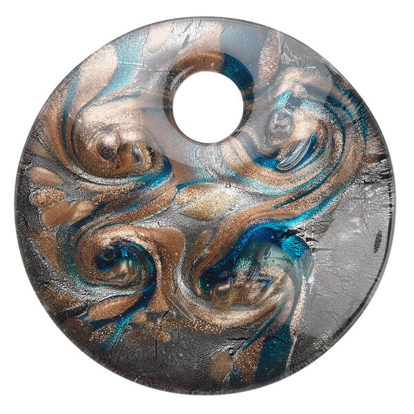 Focal, lampworked glass, blue with silver-colored foil and copper-colored glitter, 50mm single-sided round. Sold individually. image number 0