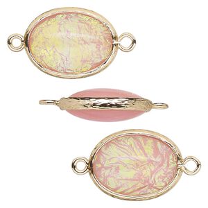 Link, Opalized Ice™, "opal" (resin) and gold-finished brass, light pink, 20x15mm double-sided oval. Sold per pkg of 4.