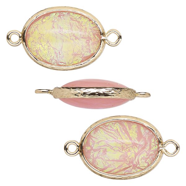 Link, Opalized Ice™, "opal" (resin) and gold-finished brass, light pink, 20x15mm double-sided oval. Sold per pkg of 4. image number 0