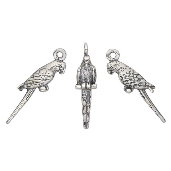 Charm, antiqued sterling silver, 21x6mm double-sided parrot. Sold individually. image number 0