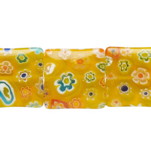 Bead, millefiori glass, translucent golden yellow and multicolored, 17mm-19x18mm puffed square with flower design. Sold per 14-inch strand, approximately 20 beads.