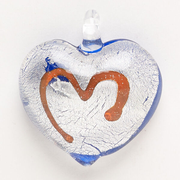 Focal, lampworked glass, pkg/1, opaque cobalt blue and red with silver-colored foil, 33x29mm-36x32mm puffed heart with heart design. image number 0