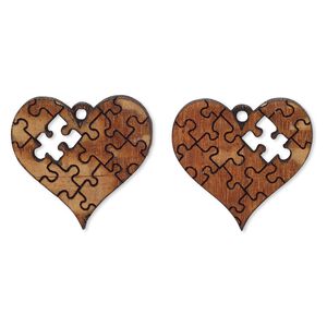 Drop, American sycamore (natural), 25x23mm single-sided left- and right-facing heart with puzzle piece cutout. Sold per pkg of 2.
