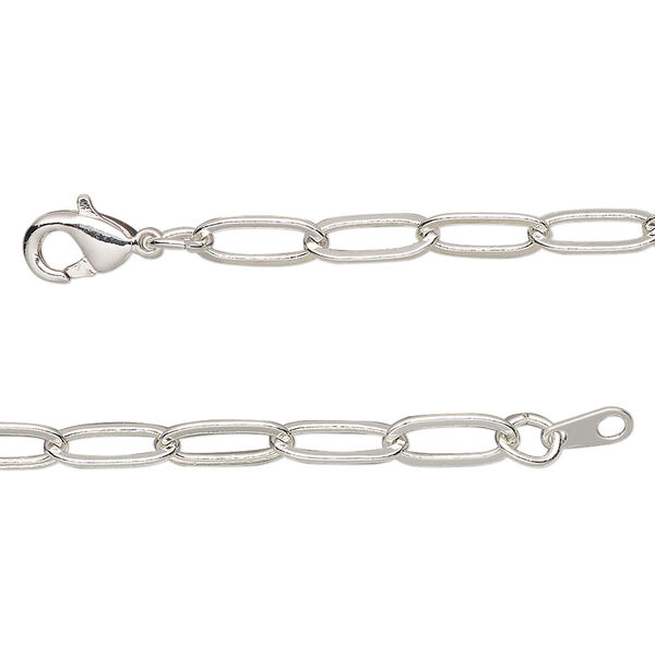 Chain, silver-plated brass, 3.8mm paperclip, 36 inches with lobster claw clasp. Sold individually. image number 0