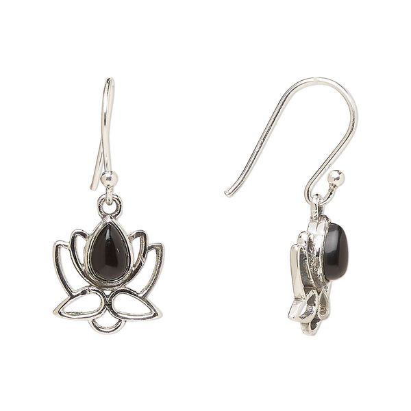 Earring, Create Compliments®, antiqued sterling silver and black onyx (dyed), fishhook, 26.5mm with 12mm single-sided open lotus, 21 gauge. Sold per pair. image number 0