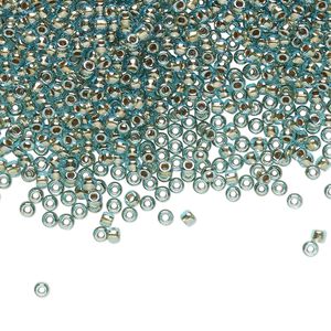 Seed bead, TOHO BEADS®, glass, pkg/50g, #11 round, translucent gold-lined aqua (TR-11-990).