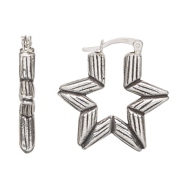 Earring, antiqued sterling silver, electroformed, 26.5mm star hoop with latch-back closure. Sold per pair. image number 0