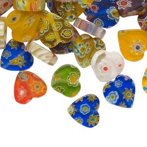 Bead mix, millefiori glass, translucent and transparent multicolored, 9-11mm flat heart. Sold per 2oz pkg, approximately 110 beads.