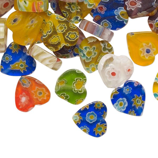 Bead mix, millefiori glass, translucent and transparent multicolored, 9-11mm flat heart. Sold per 2oz pkg, approximately 110 beads. image number 0