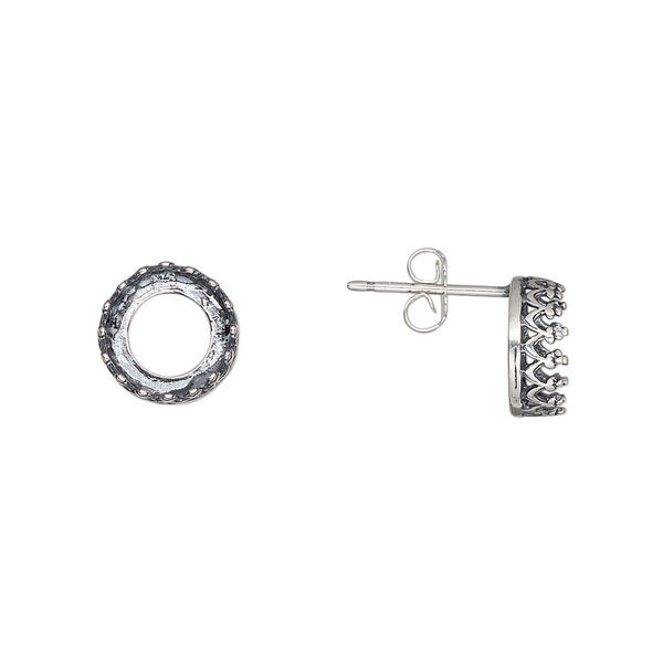 Earstud, JBB Findings, antiqued sterling silver, 9mm round with SS39 rivoli bezel setting. Sold per pair. image number 0
