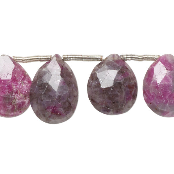 Ruby in quartz 1pkg15, hand-cut top-drilled faceted puffed teardrop bead natural B- grade, 15x11mm-19x11mm image number 0
