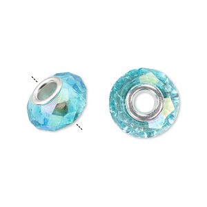 Bead 10pk 32 facets turquoise blue AB silver plate, Celestial Crystal® Dione® 14x9mm rondelle