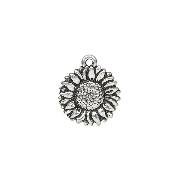 Charm, TierraCast®, antique silver-plated pewter (tin-based alloy), 15mm double-sided sunflower. Sold per pkg of 20. image number 0