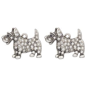 Charm, antique silver-finished "pewter" (zinc-based alloy) and glass, clear and black, 27x15mm single-sided terrier dog. Sold per pkg of 2.