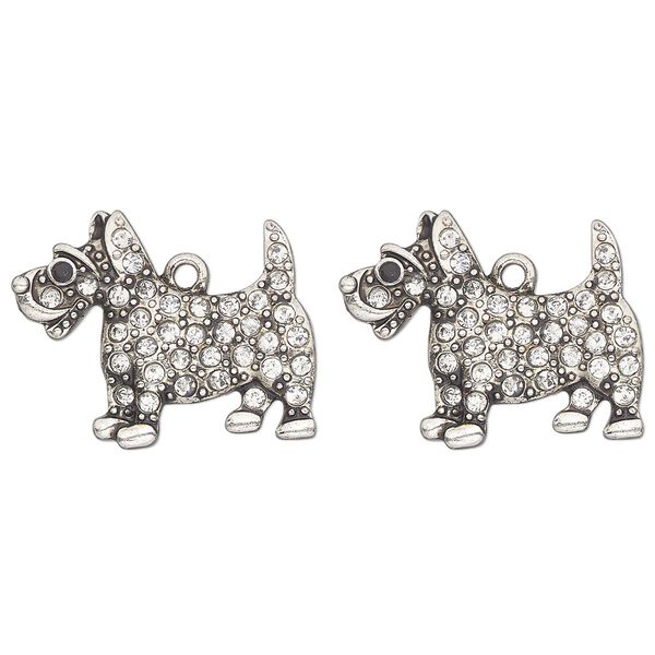 Charm, antique silver-finished "pewter" (zinc-based alloy) and glass, clear and black, 27x15mm single-sided terrier dog. Sold per pkg of 2. image number 0