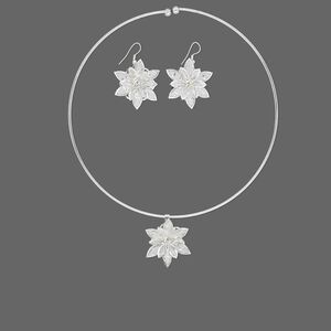 Necklace and earring set, acrylic and silver-plated steel, clear, 32x30mm flower, 16-1/2 inches, 1-1/2 inch earrings with fishhook earwires. Sold per set.