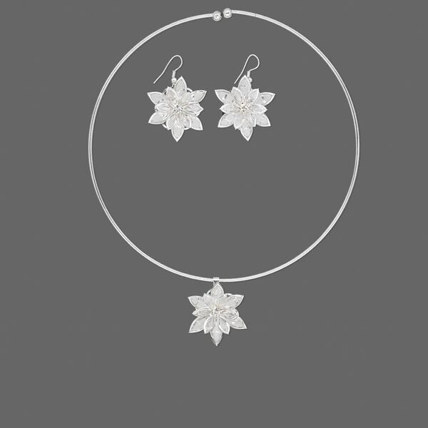 Necklace and earring set, acrylic and silver-plated steel, clear, 32x30mm flower, 16-1/2 inches, 1-1/2 inch earrings with fishhook earwires. Sold per set. image number 0