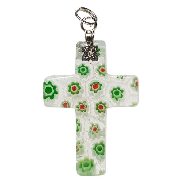 Focal, millefiori glass and silver-finished steel 1pkg1, translucent and transparent multicolored, 32x23mm-34x24mm cross. image number 0