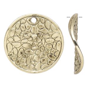 Focal, antique gold-finished "pewter" (zinc-based alloy), 30mm double-sided wavy flat round with cobblestone design. Sold per pkg of 4.