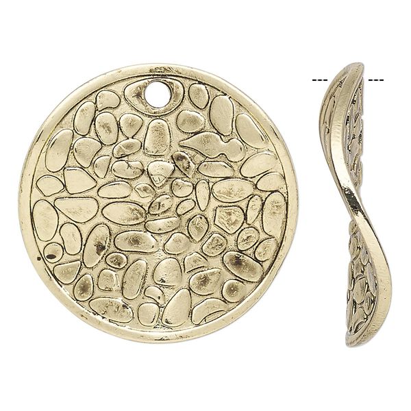 Focal, antique gold-finished "pewter" (zinc-based alloy), 30mm double-sided wavy flat round with cobblestone design. Sold per pkg of 4. image number 0