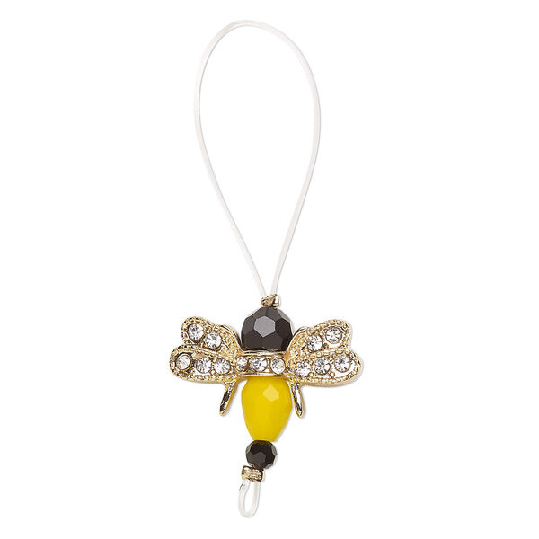 Bead, glass / glass rhinestone / gold-finished "pewter" (zinc-based alloy), opaque yellow / black / clear, 21x17mm bee. Sold per pkg of 2. image number 0