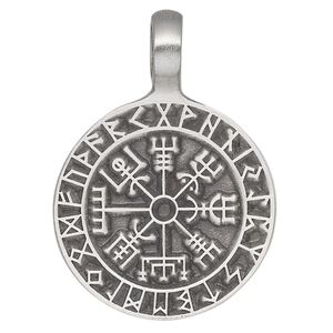 Pendant, Powerful Pewter Pendants, antiqued pewter (tin-based alloy), 41x30mm single-sided round with Viking compass. Sold individually.
