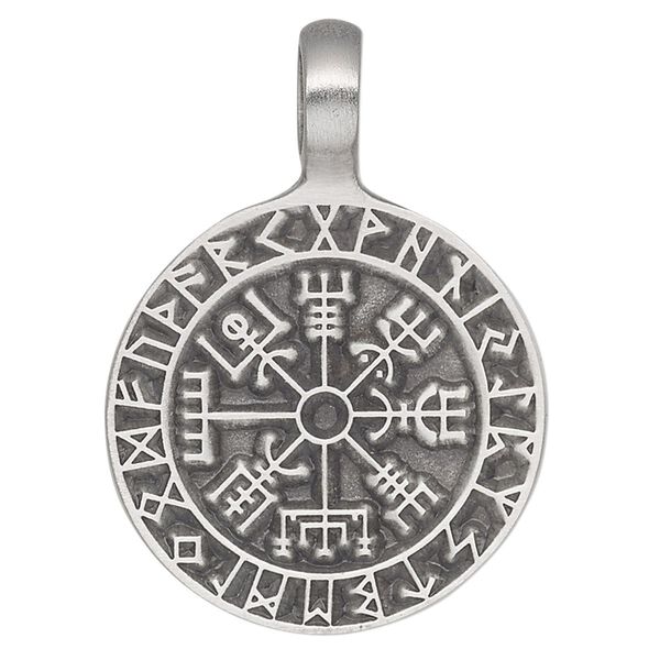 Pendant, Powerful Pewter Pendants, antiqued pewter (tin-based alloy), 41x30mm single-sided round with Viking compass. Sold individually. image number 0