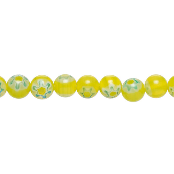 Bead, millefiori glass 1pkg1, translucent bright yellow-green / blue / white, 6mm round, 15 inches. image number 0