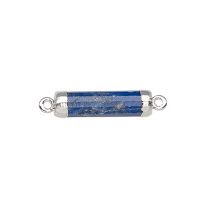 Link, lapis lazuli (natural) / electroplated silver / silver-plated sterling silver, 20x5mm-21x6mm hand-cut faceted tube. Sold individually.
