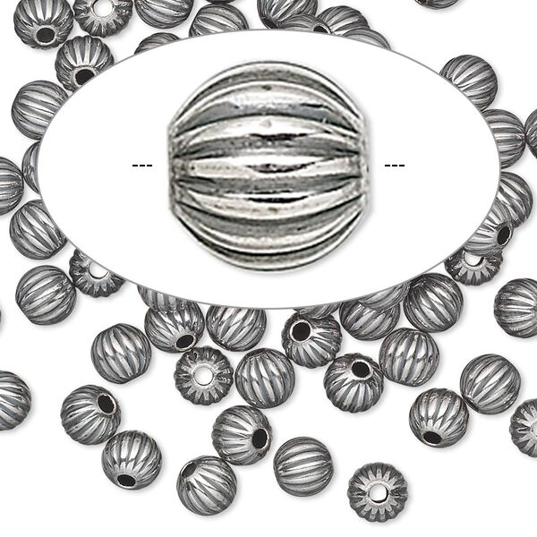 Bead, antiqued sterling silver, 5mm seamless corrugated round. Sold per pkg of 10. image number 0