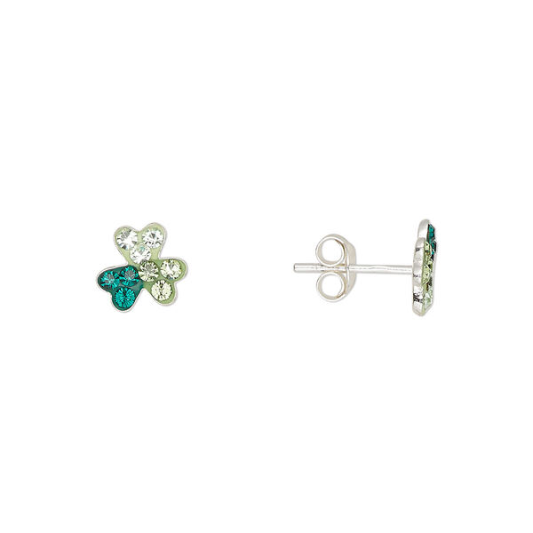 Earstud sterling silver / Preciosa crystal 1pkg2, 7.5mm 3-leaf shamrock / earnuts included, Create Compliments® multi-green 1 pair image number 0