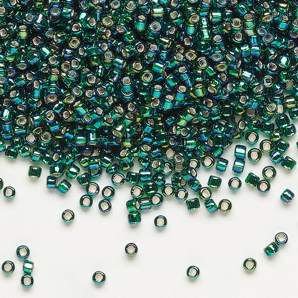 Seed bead, Dyna-Mites™, glass, pkg/40g, #11 round, translucent silver-lined rainbow dark green, (83R:SR 11/0 SR). image number 0