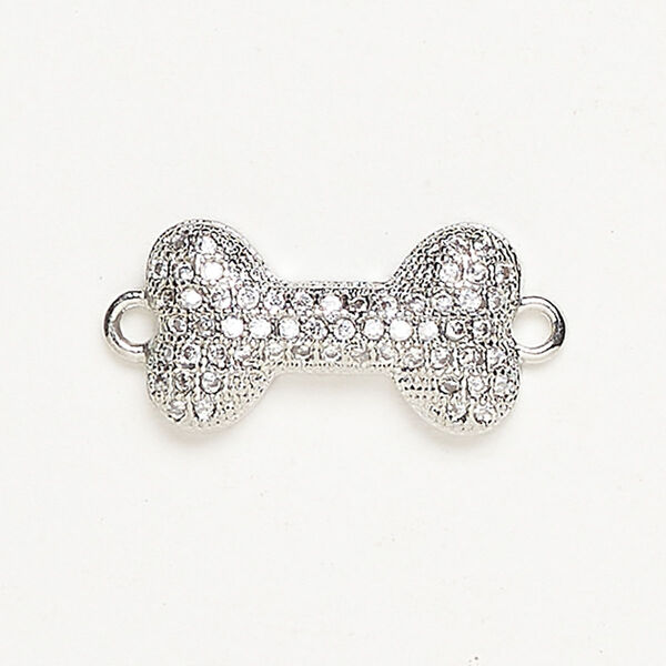 Link, "pewter" (zinc-based alloy) and glass, pkg/1, silver finish and clear, 20x9mm dog bone. image number 0