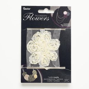 Sew-on component, fabric, ivory, 2-1/2 to 2-3/4 inch flower. Sold per pkg of 3.