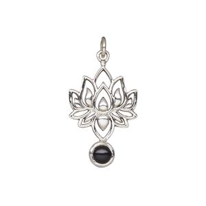 Black onyx / sterling silver 1pkg1, antiqued lotus drop 22.5x14.5mm