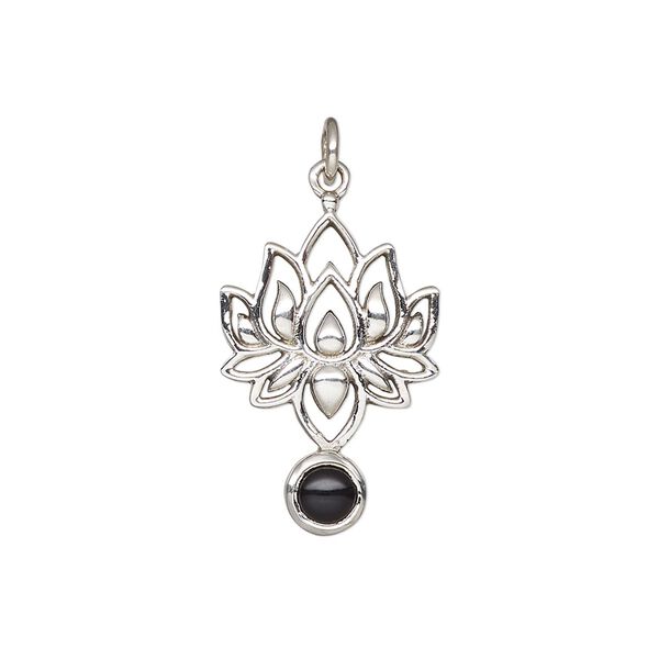 Black onyx / sterling silver 1pkg1, antiqued lotus drop 22.5x14.5mm image number 0