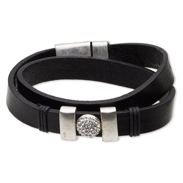 Bracelet, wrap, leather (dyed) / crystals / antique silver-plated "pewter" (zinc-based alloy), black and crystal clear, 14mm wide, 6-1/2 inches with magnetic clasp. Sold individually. image number 0