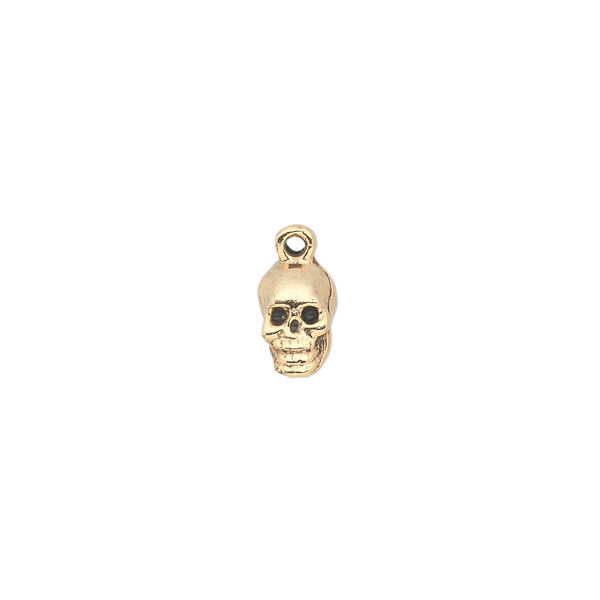 Charm, pewter (tin-based alloy), pkg/1, antique gold plate, 9x5mm skull. image number 0