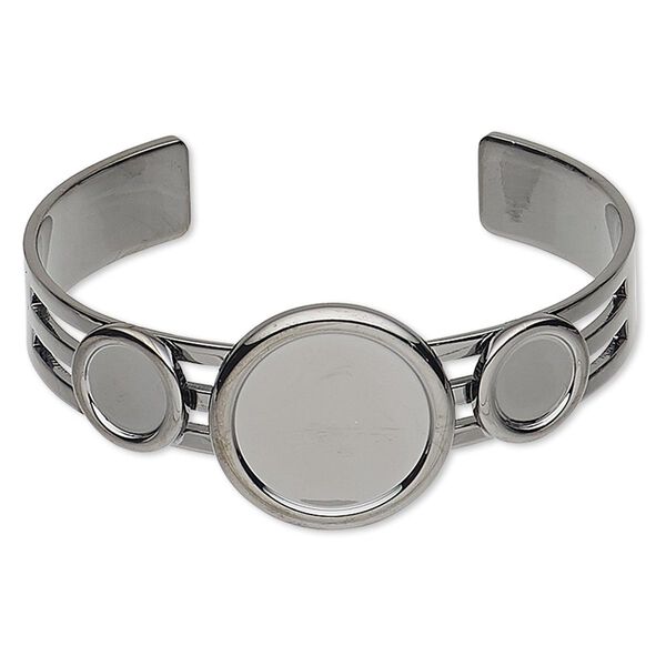 Bracelet, Almost Instant Jewelry®, cuff, gunmetal-plated brass and "pewter" (zinc-based alloy), 25mm wide with (2) 10mm and (1) 20mm round settings, adjustable. Sold individually. image number 0