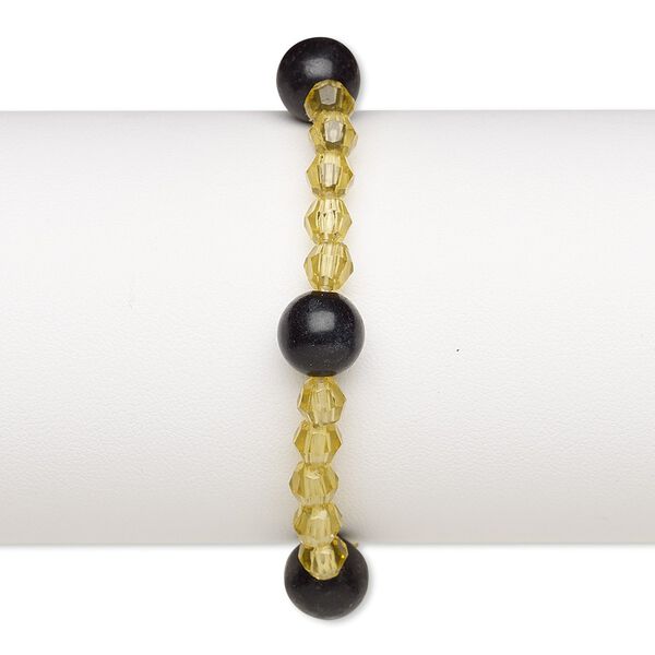 Bracelet, stretch, blackstone (dyed) and acrylic, yellow, 5-6mm faceted round and 9-10mm round, 6-1/2 inches. Sold individually. image number 0
