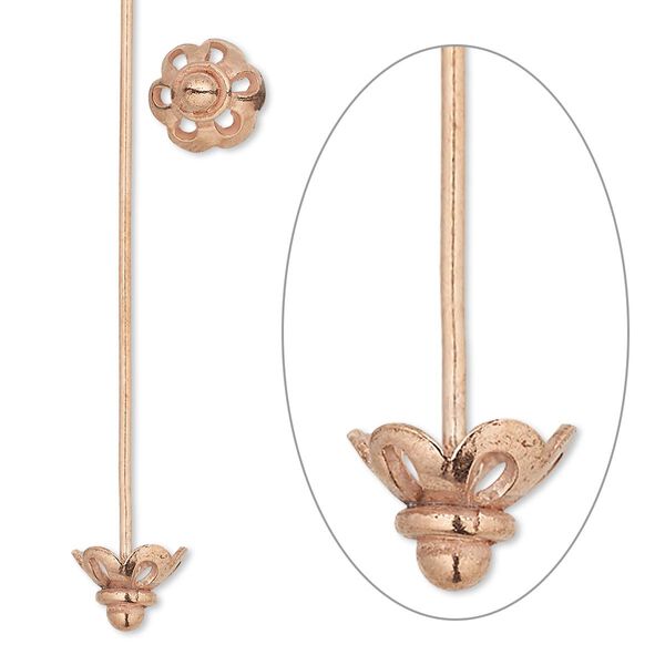 Head pin, copper, 2 inches with 8x6mm flower bead cap, 20 gauge. Sold per pkg of 10. image number 0