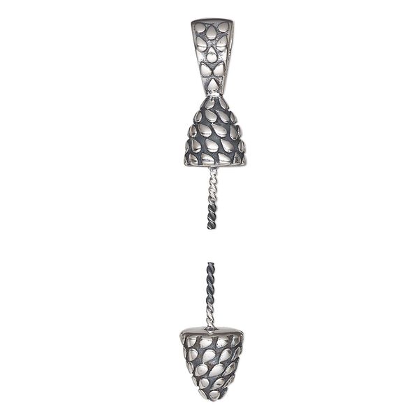 Bail, antiqued sterling silver, 17x7mm textured cap and 8x7mm textured bottom with 7mm post, fits bead with 1.5-2mm hole. Sold per 2-piece set. image number 0