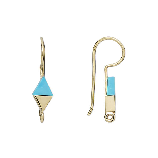 Ear wire, "turquoise" (resin) (imitation) and gold-finished sterling silver, blue, 24mm fishhook with 10x6mm hand-cut diamond and closed loop, 19 gauge. Sold per pair. image number 0