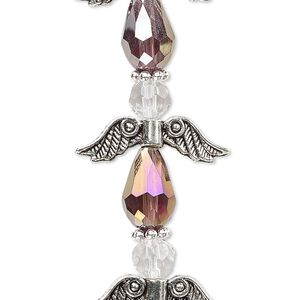 Bead, crystal and antique silver-plated "pewter" (zinc-based alloy), translucent medium purple AB and clear, 23mm angel. Sold per pkg of 4.