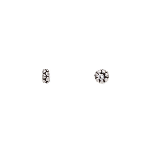 Bead, antiqued Rajasthani sterling silver, 4x2mm beaded rondelle. Sold per pkg of 10. image number 0