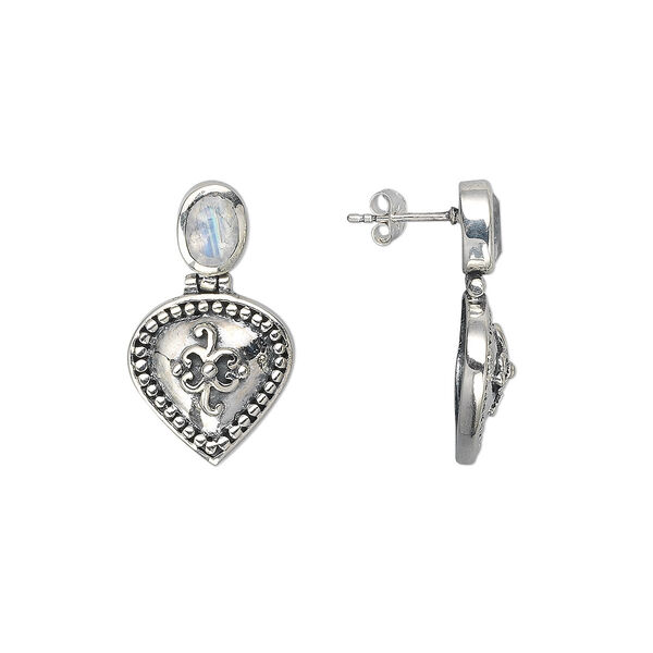 Earring, sterling silver and rainbow moonstone (natural), 7x5mm faceted oval, 30x17mm teardrop. Sold per pair. image number 0